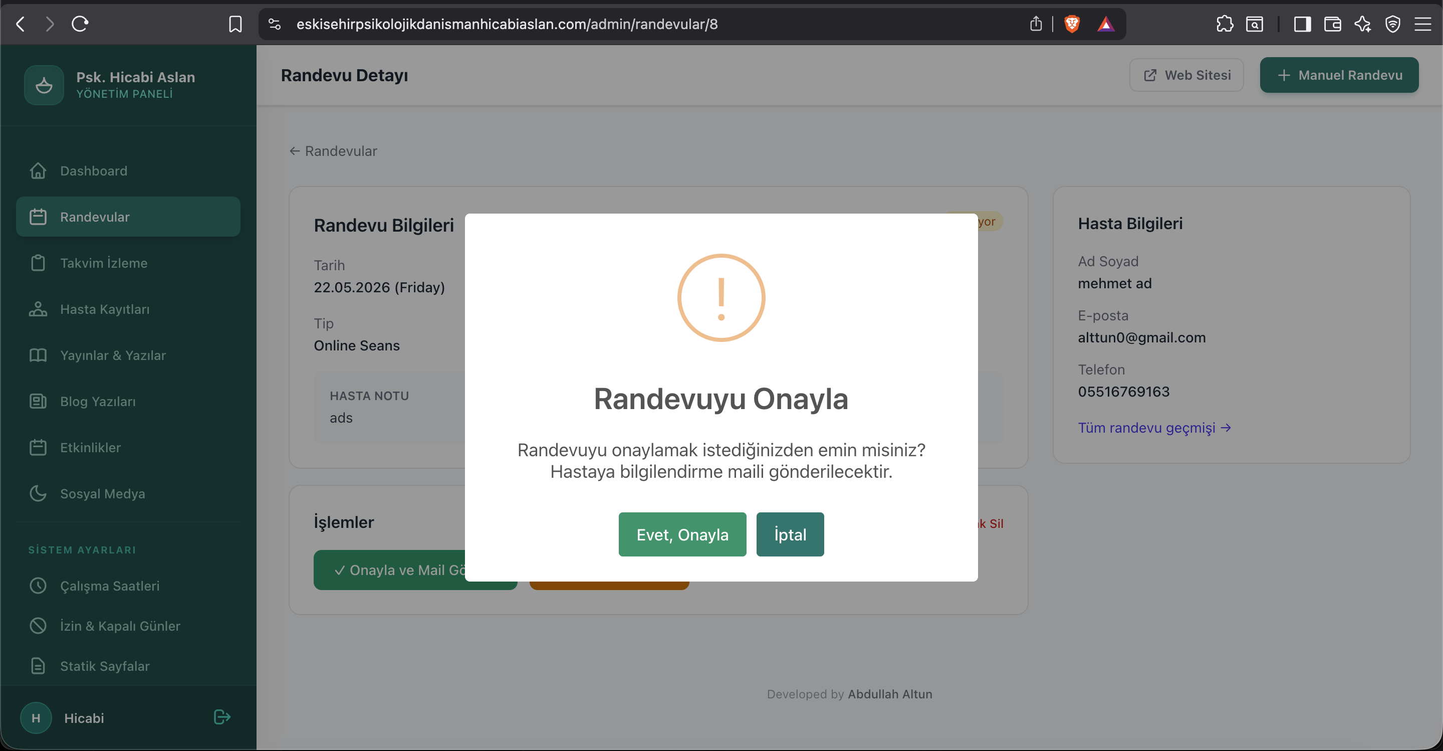 Psikolog Hicabi Aslan — Randevu & Yönetim Sistemi